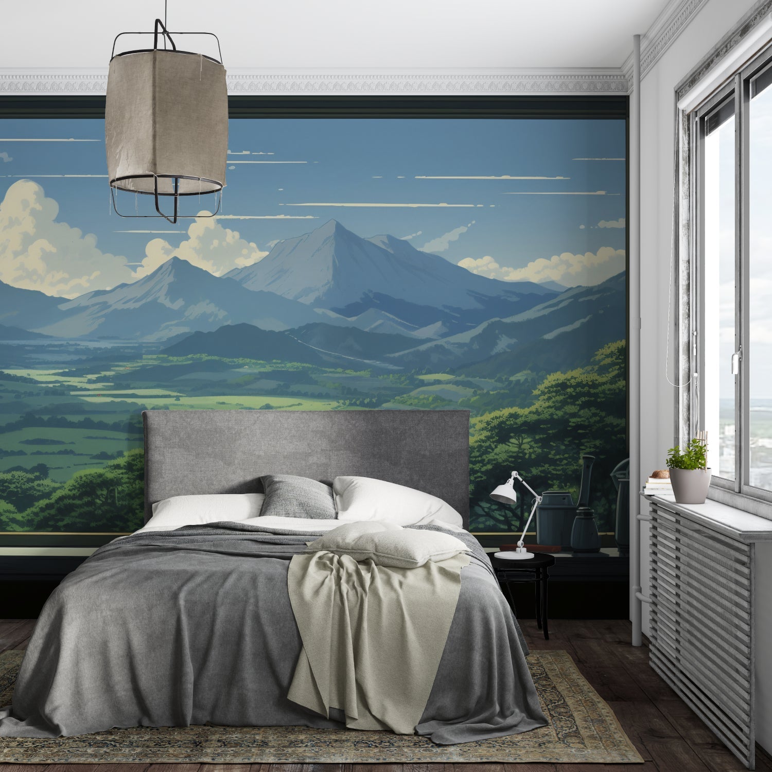 Japanese landscape mural adding depth to dining room space