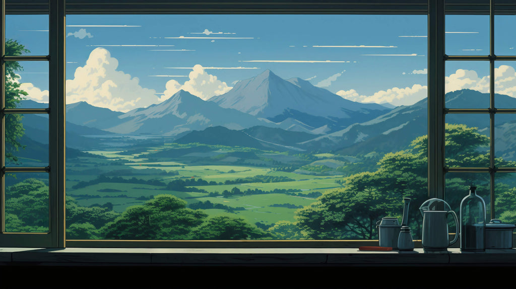Design file showing detailed Japanese anime mountain landscape pattern