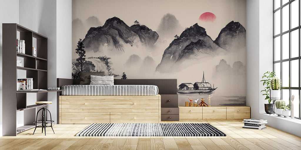 Mountain scene wallpaper with red sun accent in an entrance hall