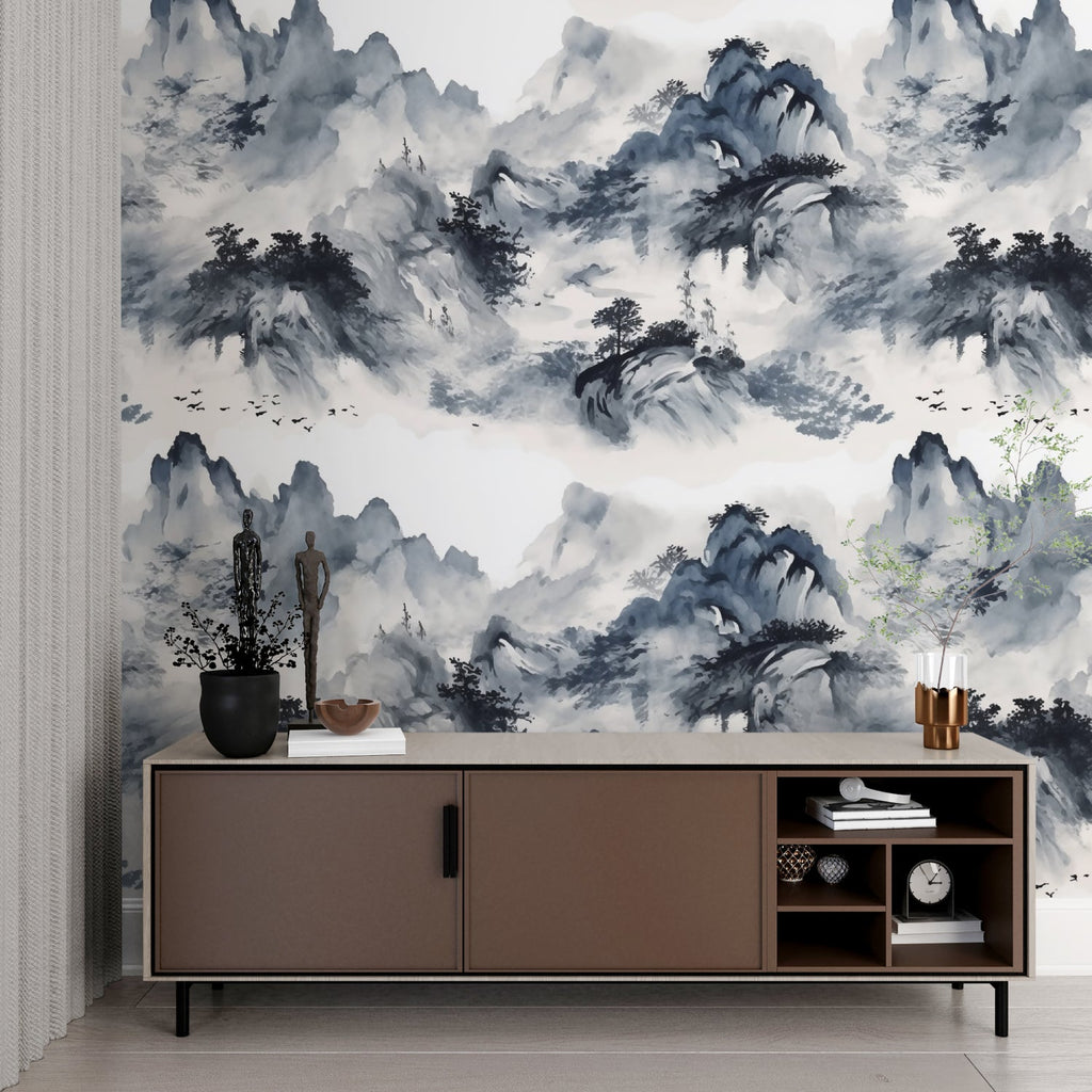 Japanese ink painting wallpaper in dining room with black dining set and pendant lights