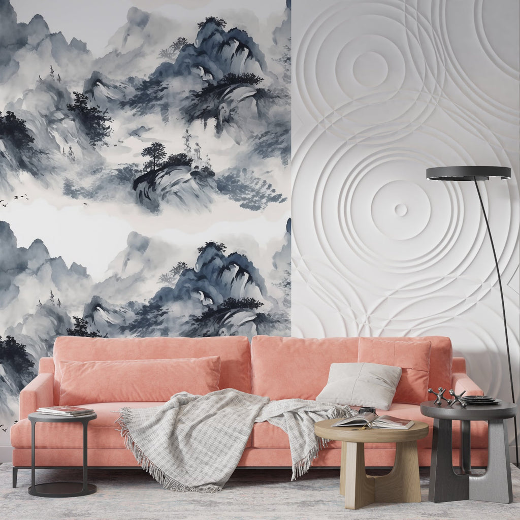 Mountain wall mural in home office with wooden desk and minimalist decor