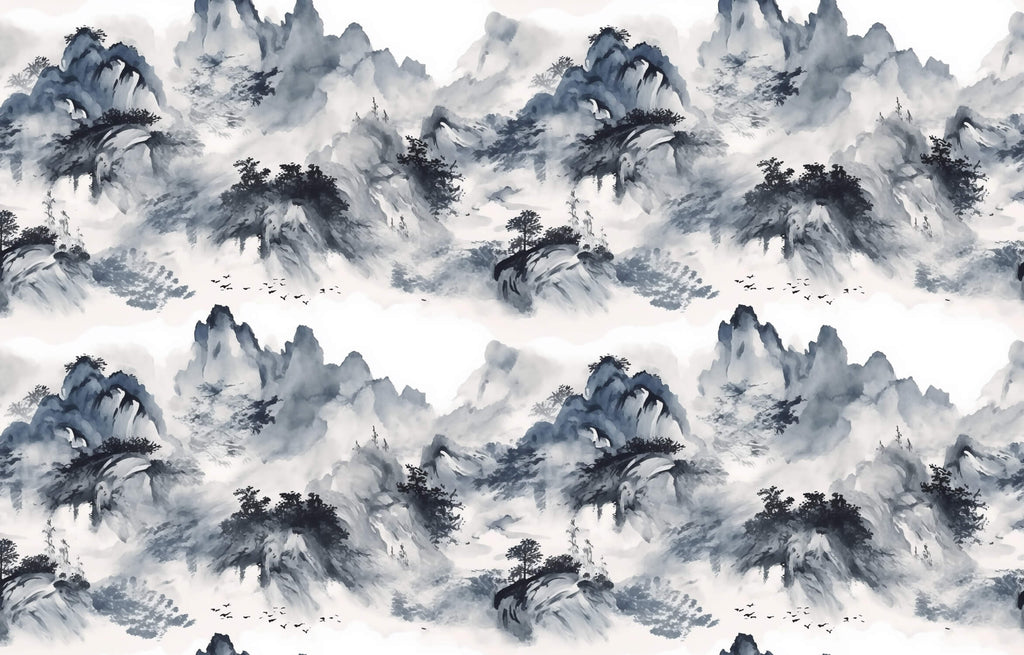 Design file showing full mountain landscape pattern in Japanese ink painting style