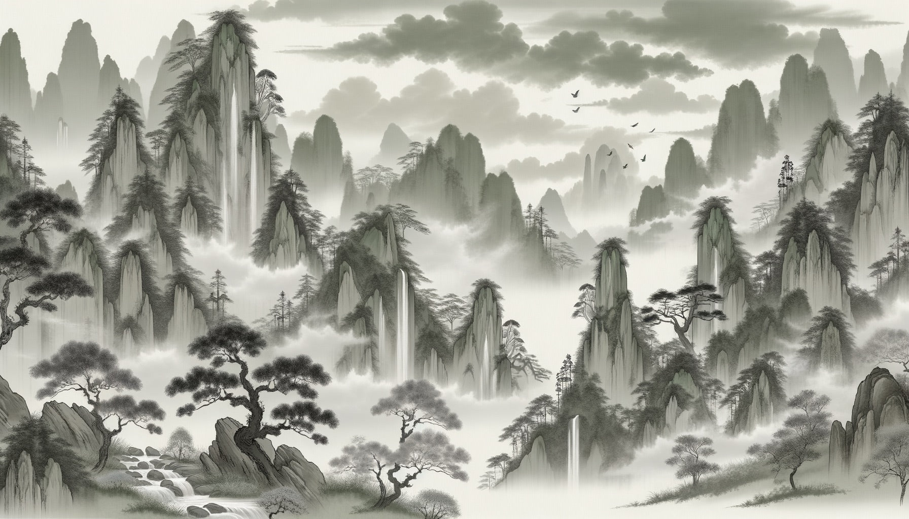 Japanese mountain mural wallpaper in modern living room, creating peaceful atmosphere with misty peaks