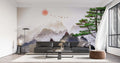 Mountain mural wallpaper with Japanese pine trees in a modern living room, creating a serene focal point