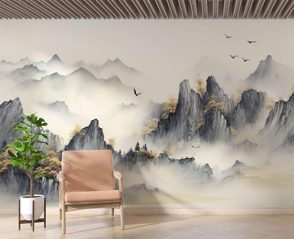 Mountain landscape wallpaper in meditation room, showing peaceful watercolor scene with golden accents