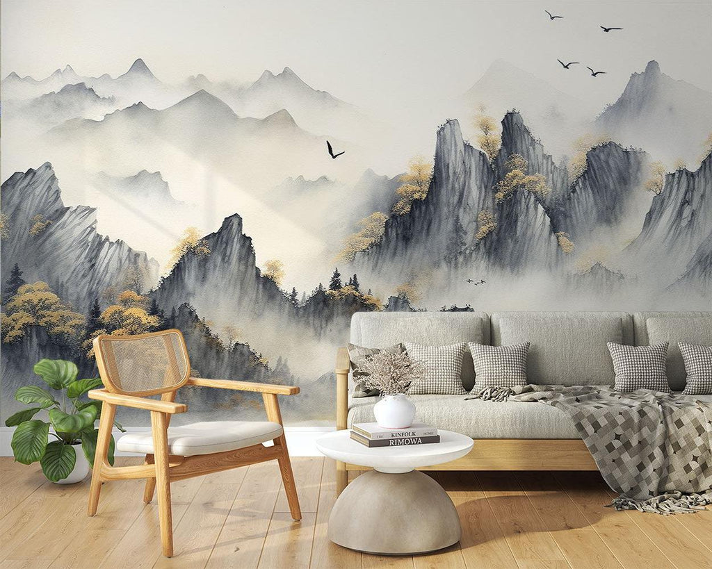 Japanese watercolor wall mural in bedroom, displaying soft grey mountain peaks and flying birds