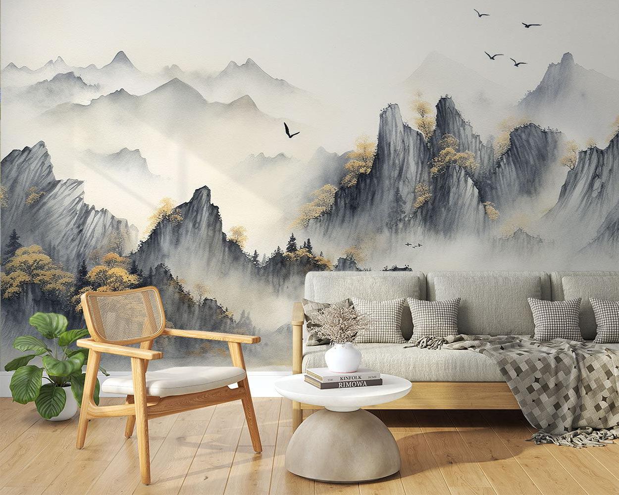 Japanese watercolor wall mural in bedroom, displaying soft grey mountain peaks and flying birds