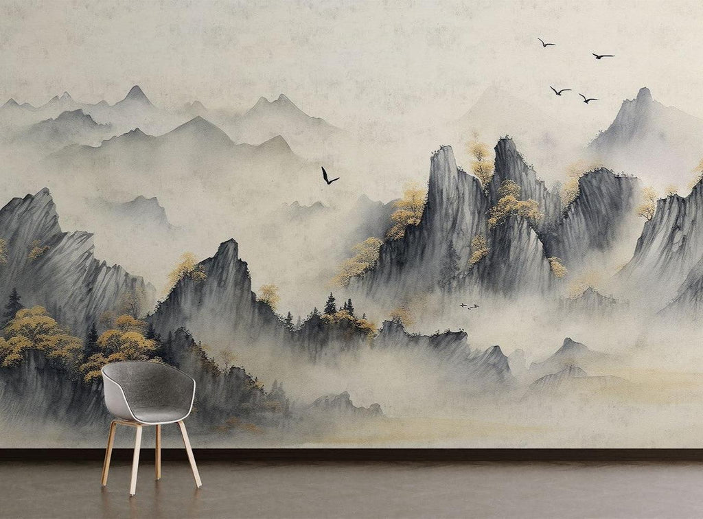 Mountain mural with birds in home office, showcasing calm Japanese landscape design