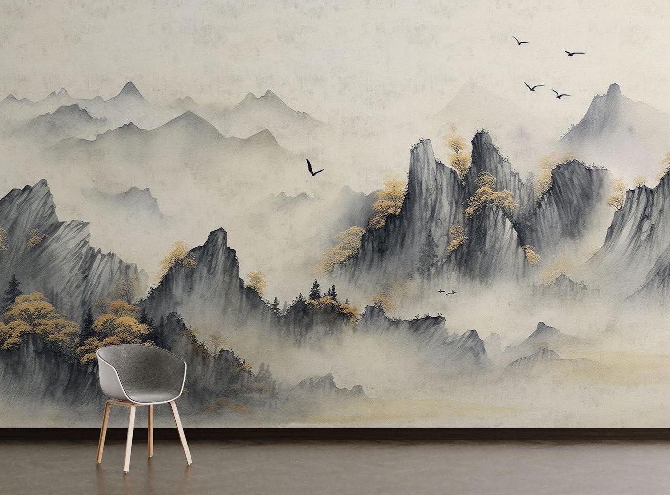 Mountain mural with birds in home office, showcasing calm Japanese landscape design