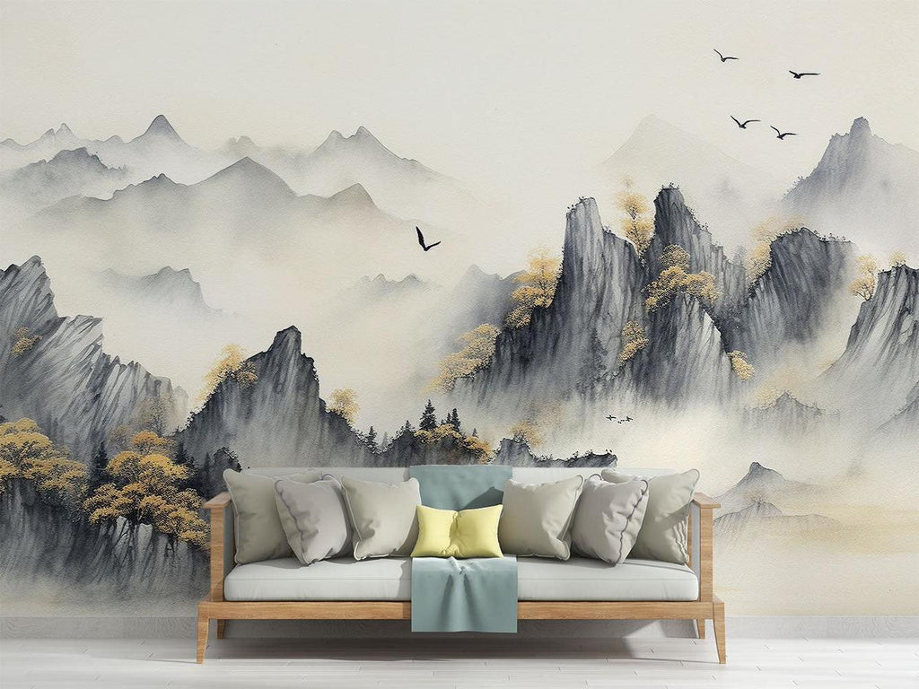 Japanese mountain wallpaper in dining room, featuring misty peaks and graceful birds in flight