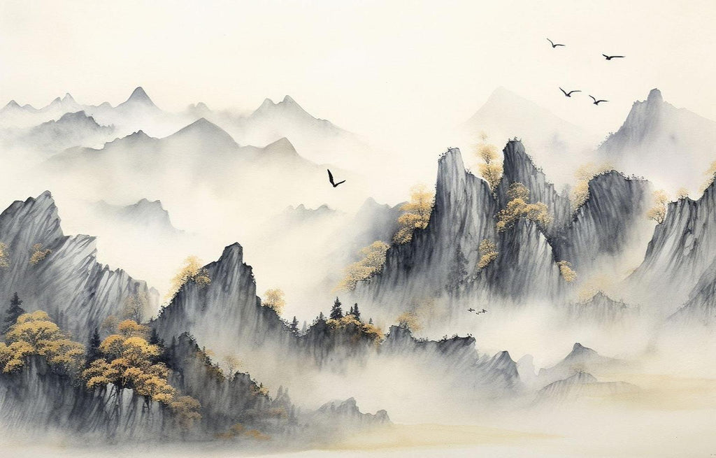 Japanese mountain landscape design file showing detailed watercolor peaks, golden accents and flying birds