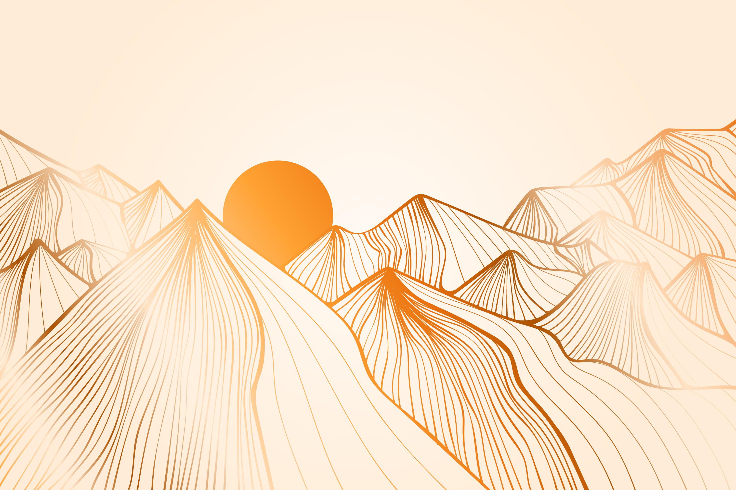 Mountain line art wallpaper design file showing golden peaks against sunset background