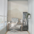 Modern living room featuring Mountain Abstract Wallpaper in soft beige tones, creating a peaceful atmosphere