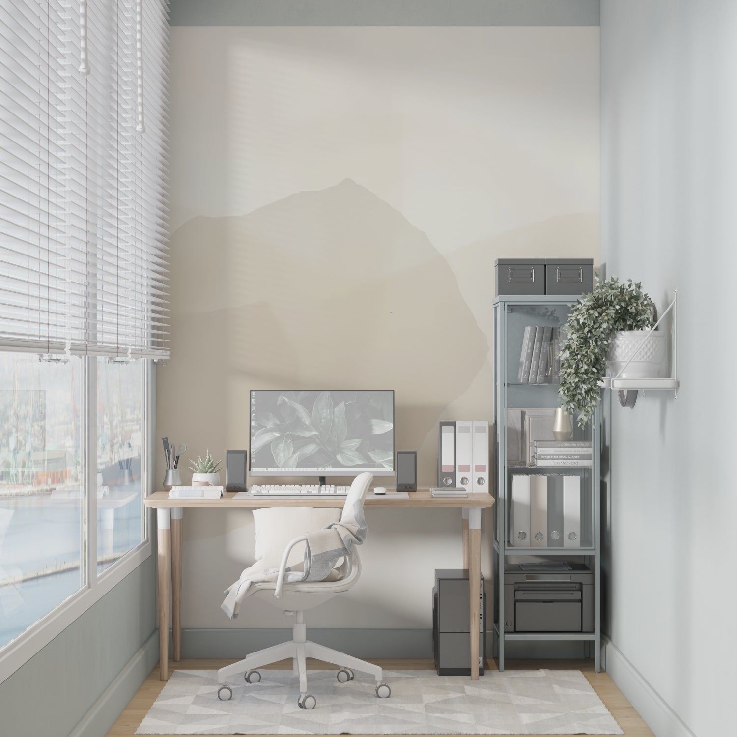 Modern living room featuring Mountain Abstract Wallpaper in soft beige tones, creating a peaceful atmosphere
