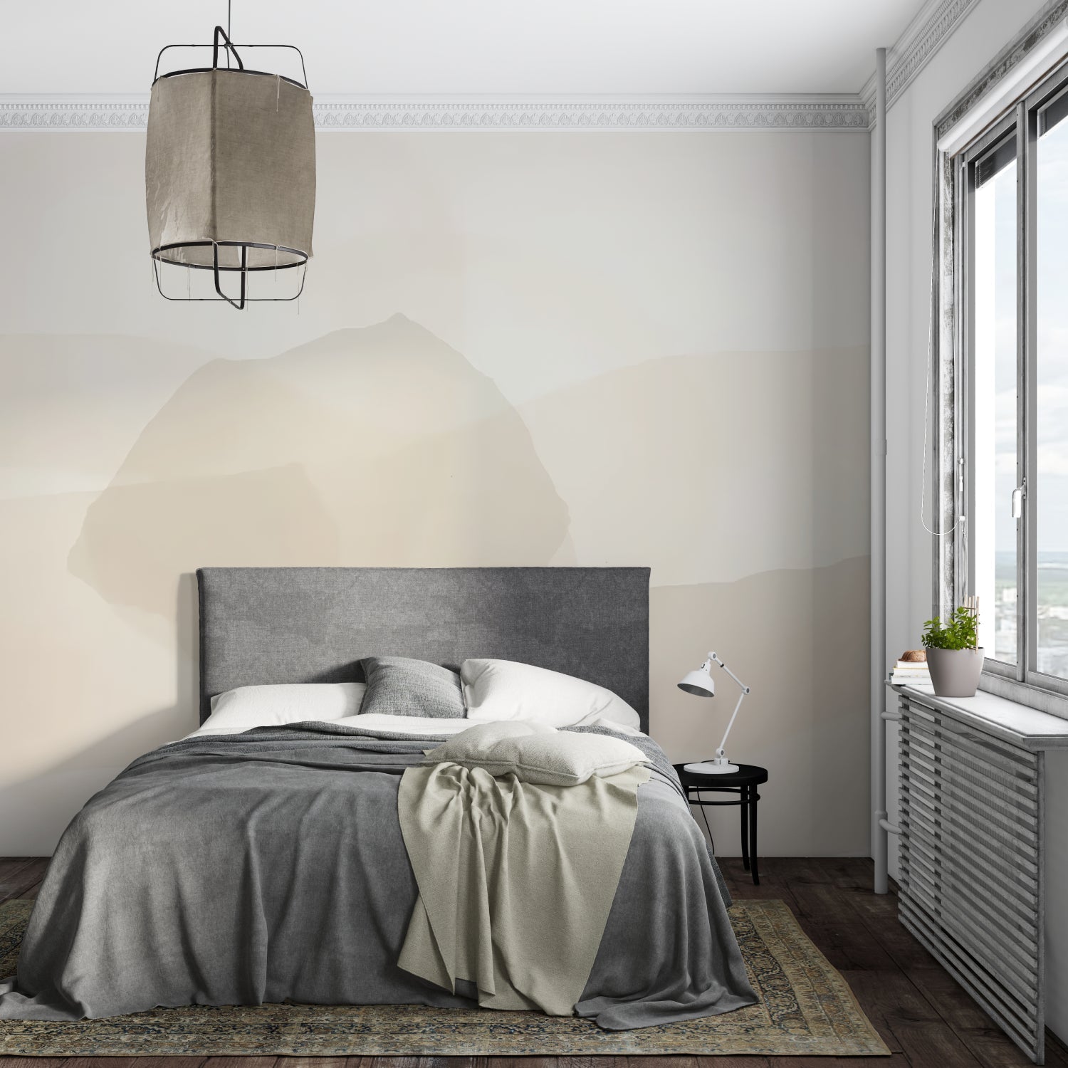 Minimalist dining area with Mountain Wall Mural showcasing gentle curves and natural forms
