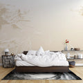 Mountain relief wallpaper in modern minimalist living room with beige sofa and natural light