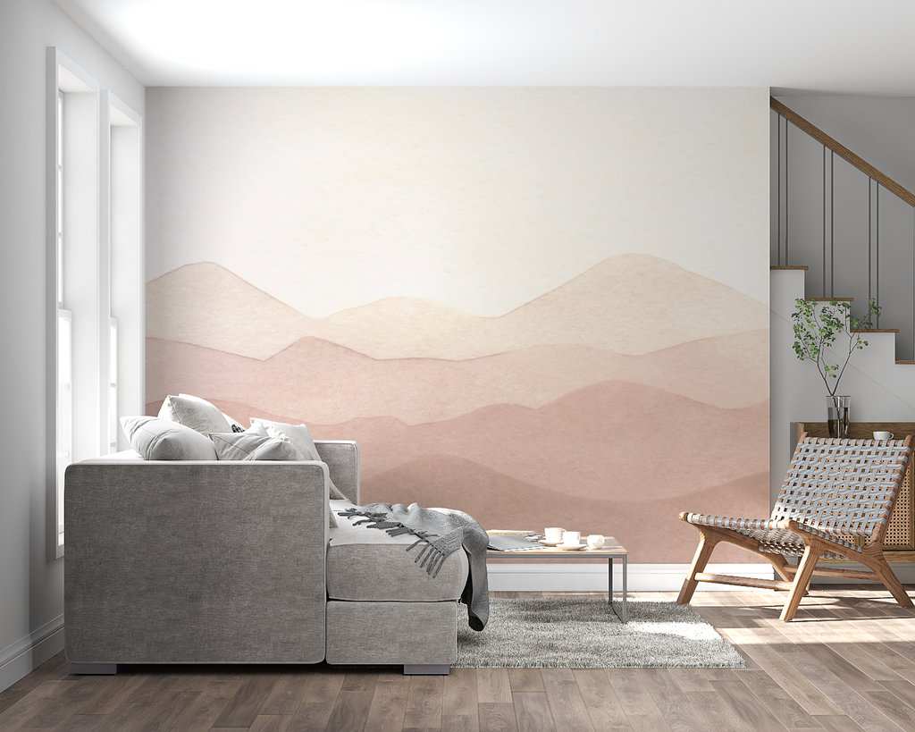 Abstract mountain mural creating warmth in an entryway setting