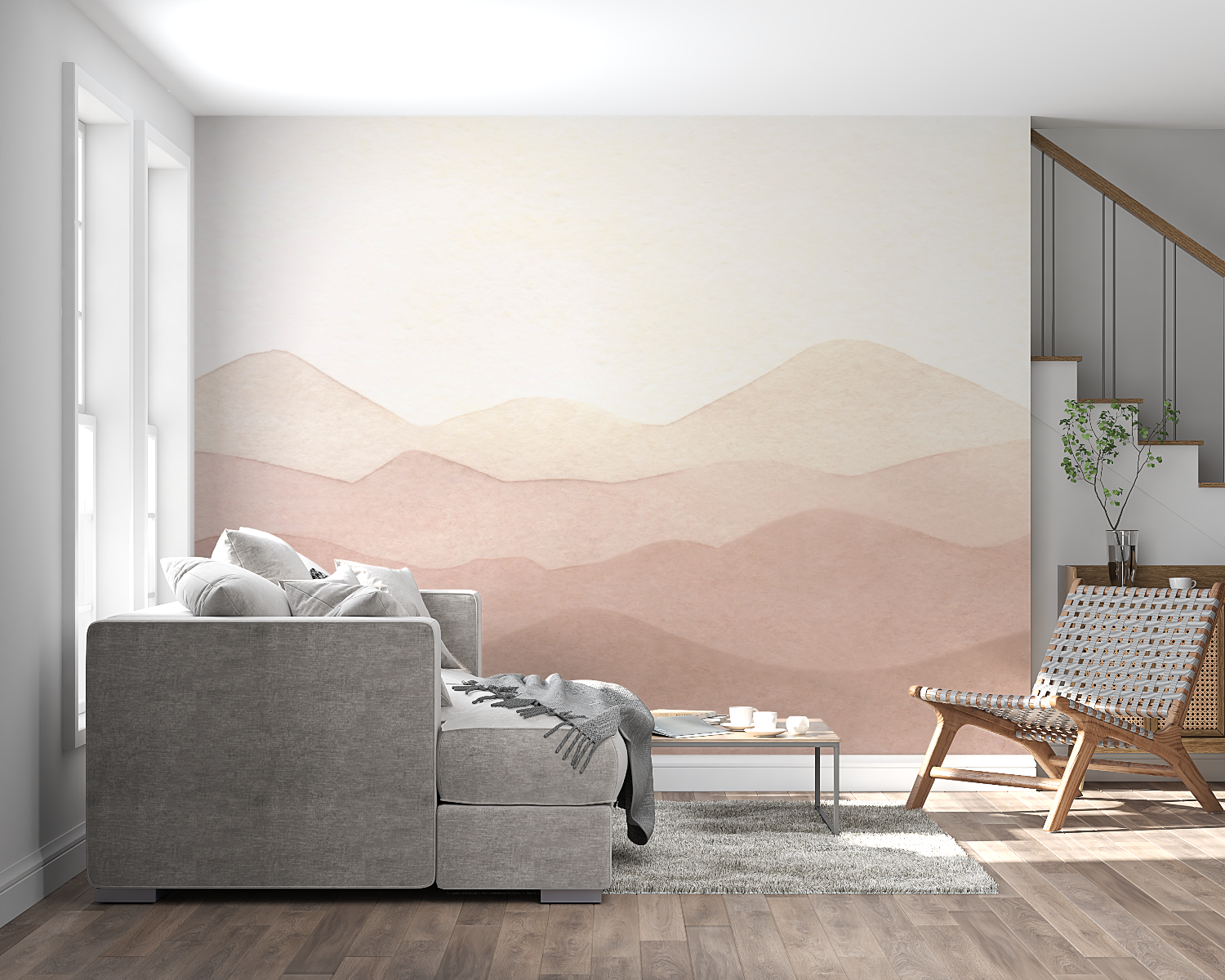 Abstract mountain mural creating warmth in an entryway setting