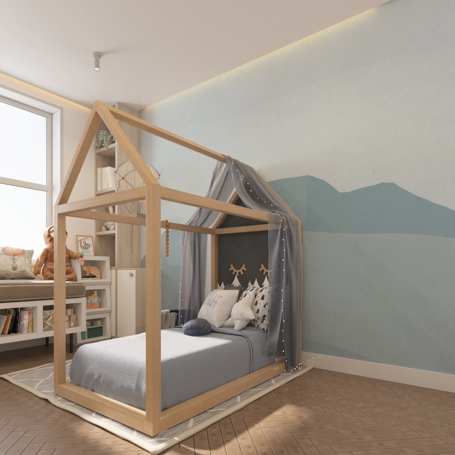 Mountain wallpaper mural in modern Scandinavian living room, showing blue peaks against white walls
