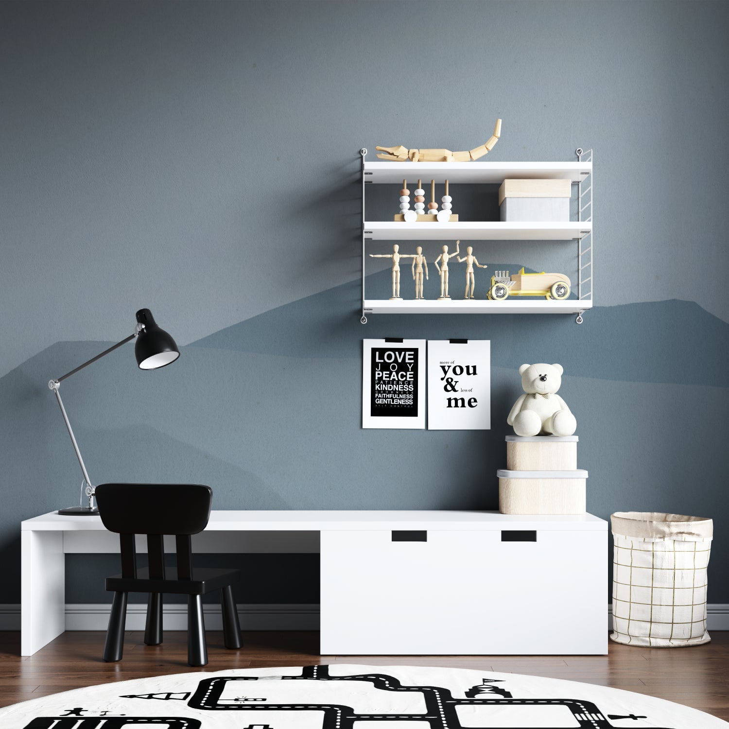 Minimalist mountain mural creating depth in contemporary bedroom setting