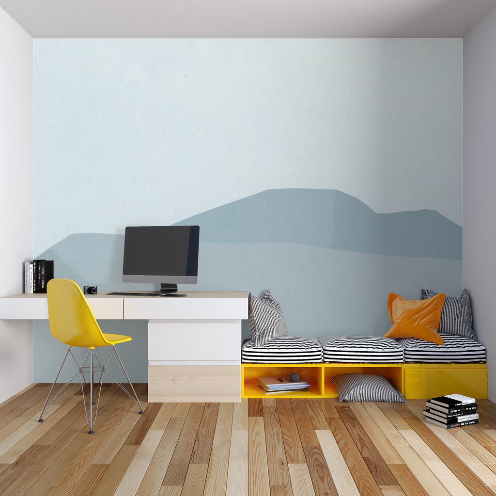 Minimalist mountain mural in dining room showing scale and atmosphere