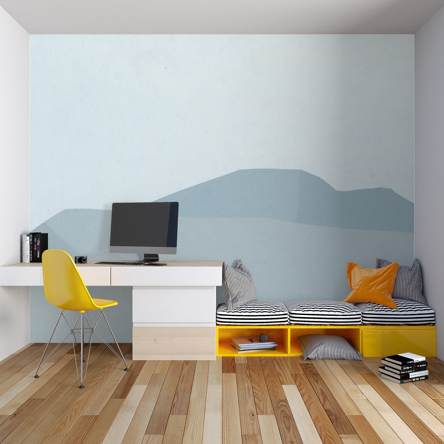 Minimalist mountain mural in dining room showing scale and atmosphere