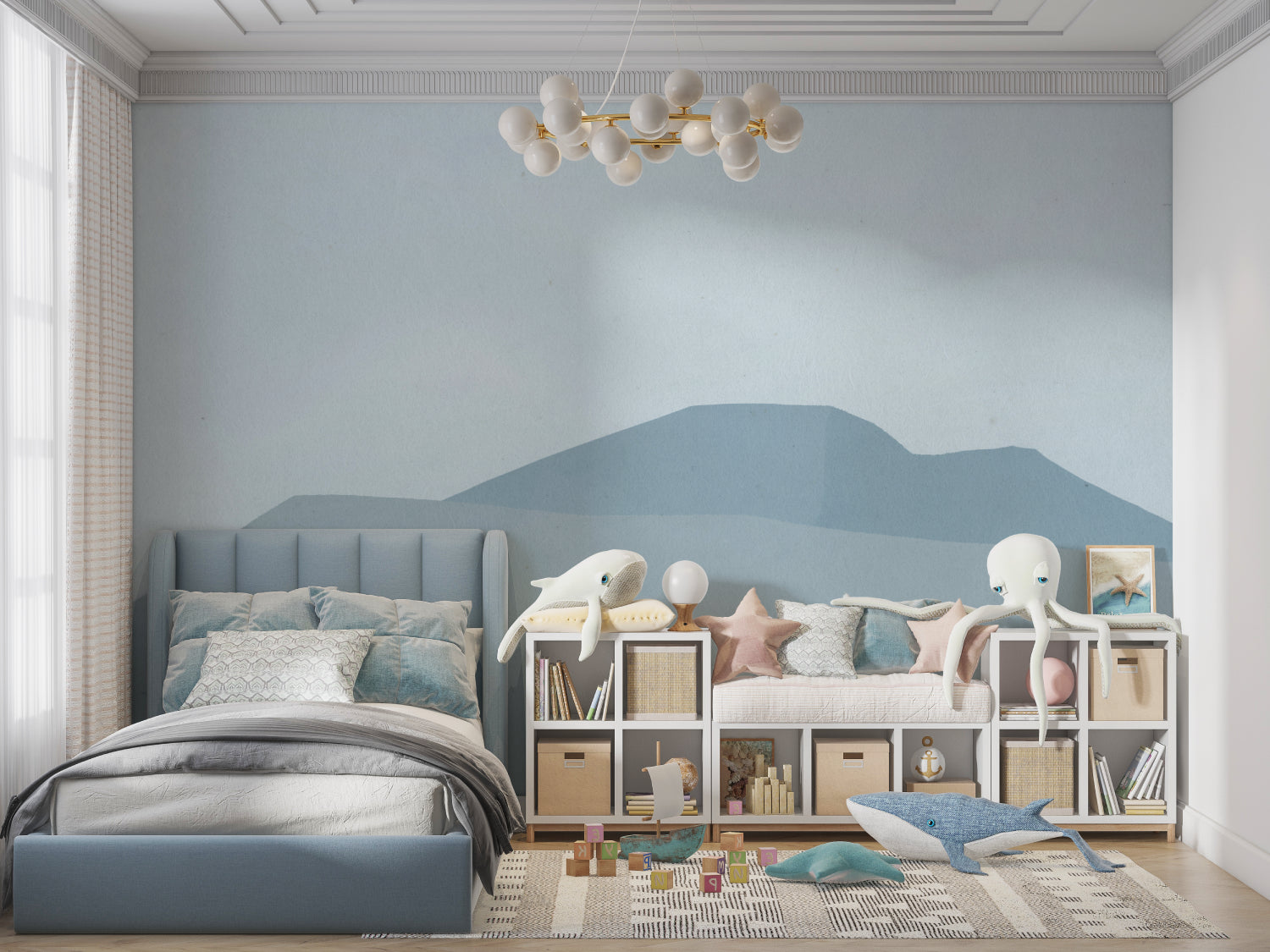 Mountain mural wallpaper creating a peaceful atmosphere in a modern living room with minimal furniture