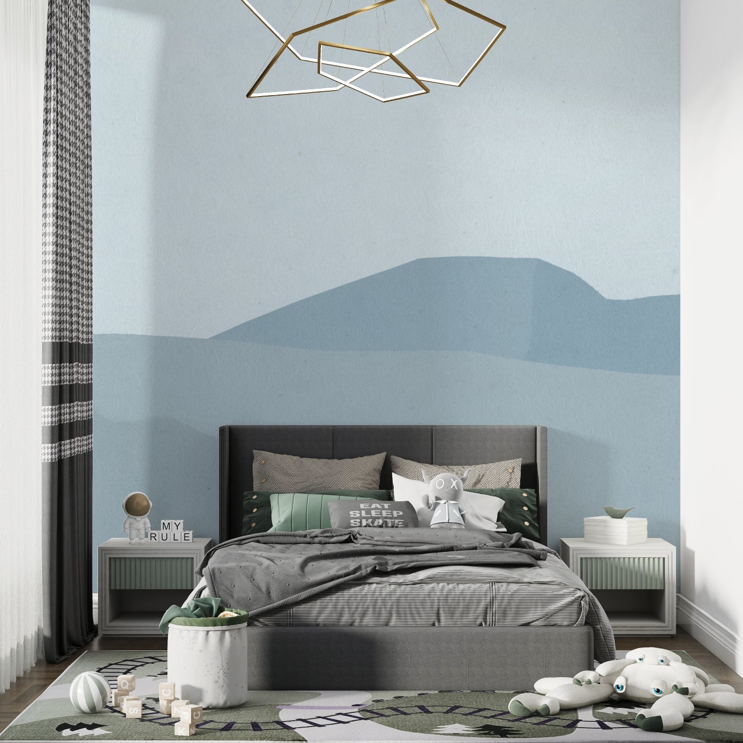Blue mountain wallpaper in a bright bedroom setting with natural light
