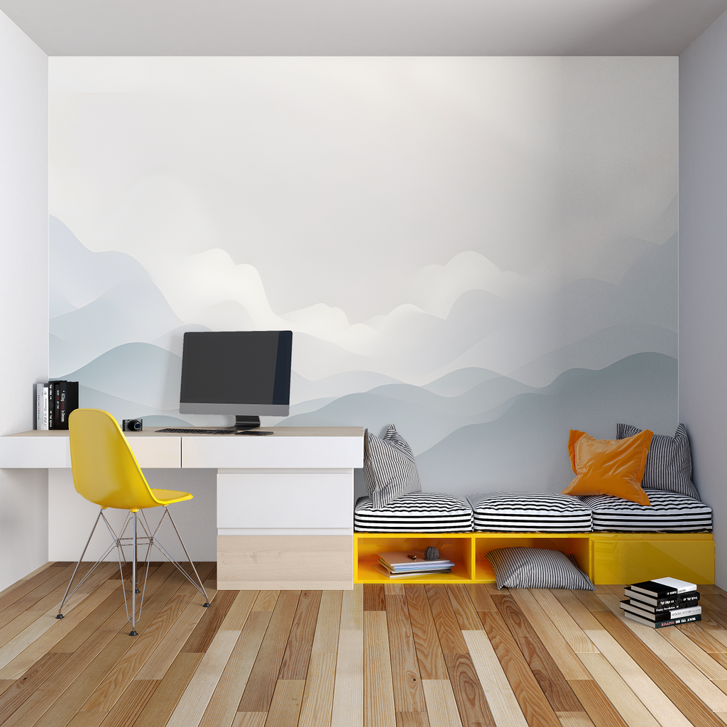 Mountain wave wallpaper bringing movement to a home office space