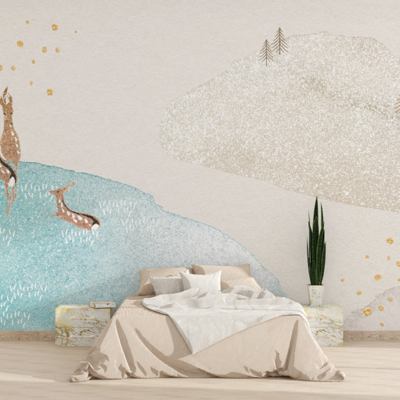 Minimalist mountain mural in nursery showing soft color palette