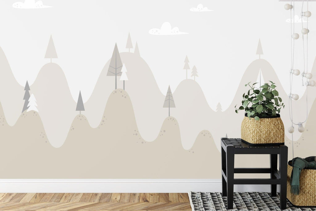 Mountain wallpaper in modern Scandinavian living room with light furniture and natural light
