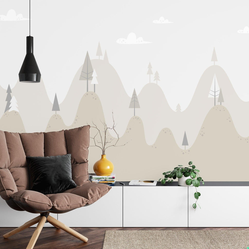 Minimalist mountain mural in home office with wooden desk and white walls