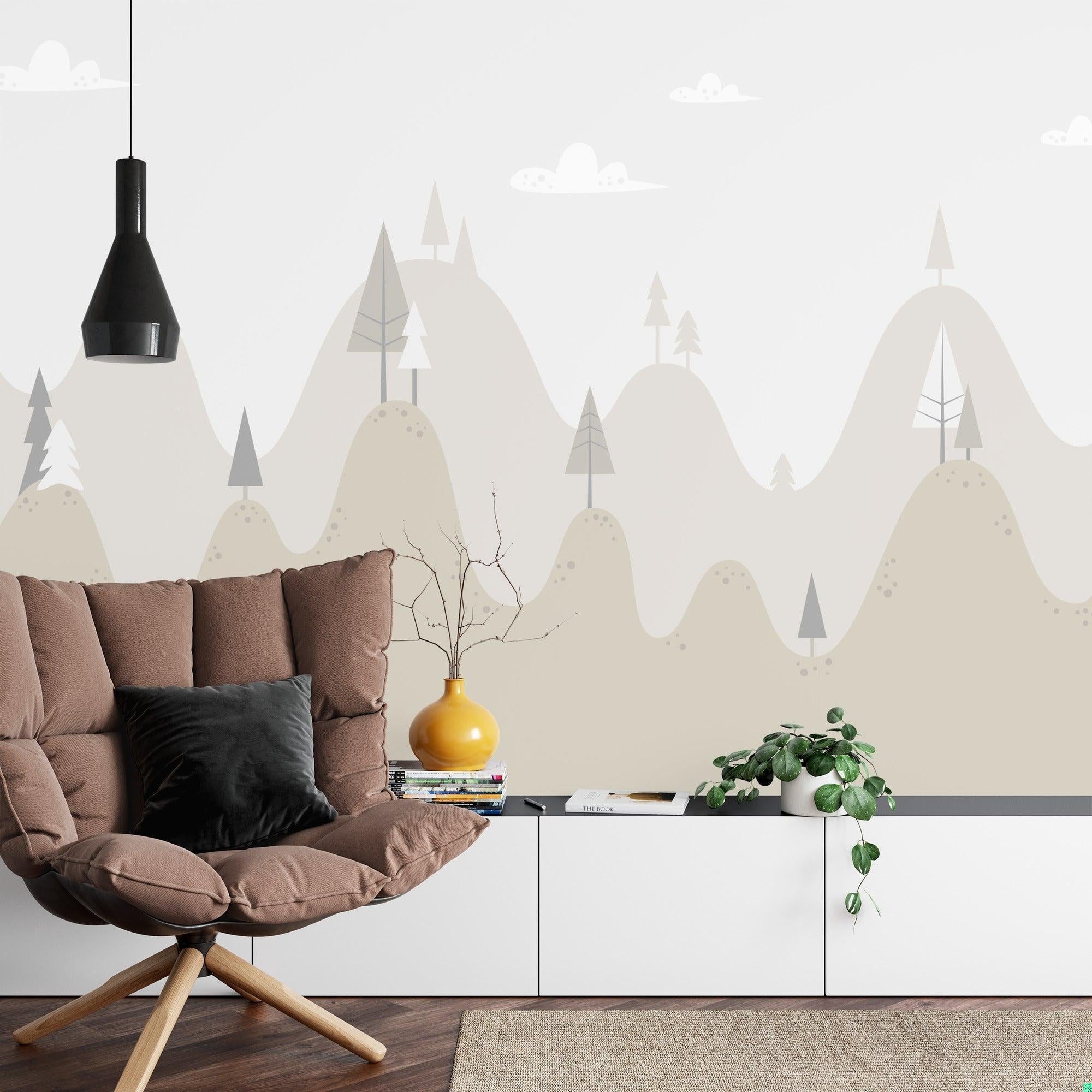 Minimalist mountain mural in home office with wooden desk and white walls