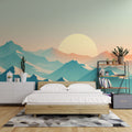 Mountain landscape wallpaper creating depth in a modern living room with minimalist furniture and natural light