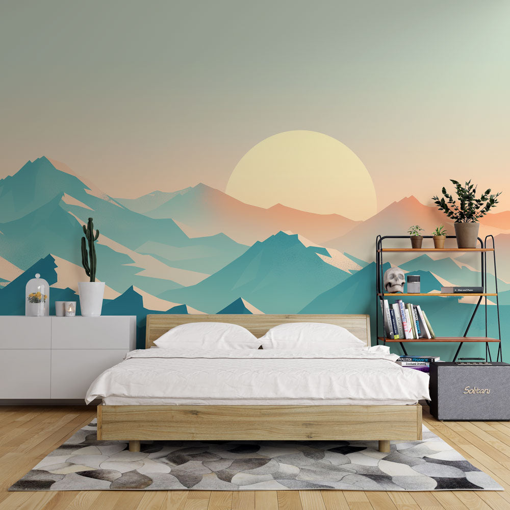 Mountain landscape wallpaper creating depth in a modern living room with minimalist furniture and natural light