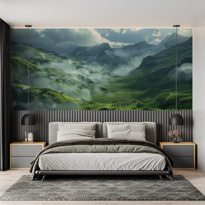 Mountain landscape wallpaper creating depth in modern living room with grey sofa and natural light