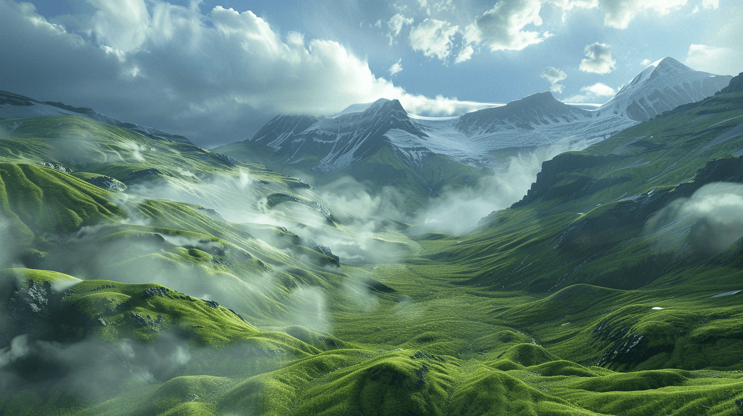 Mountain landscape wallpaper design file showing detailed misty peaks and valleys