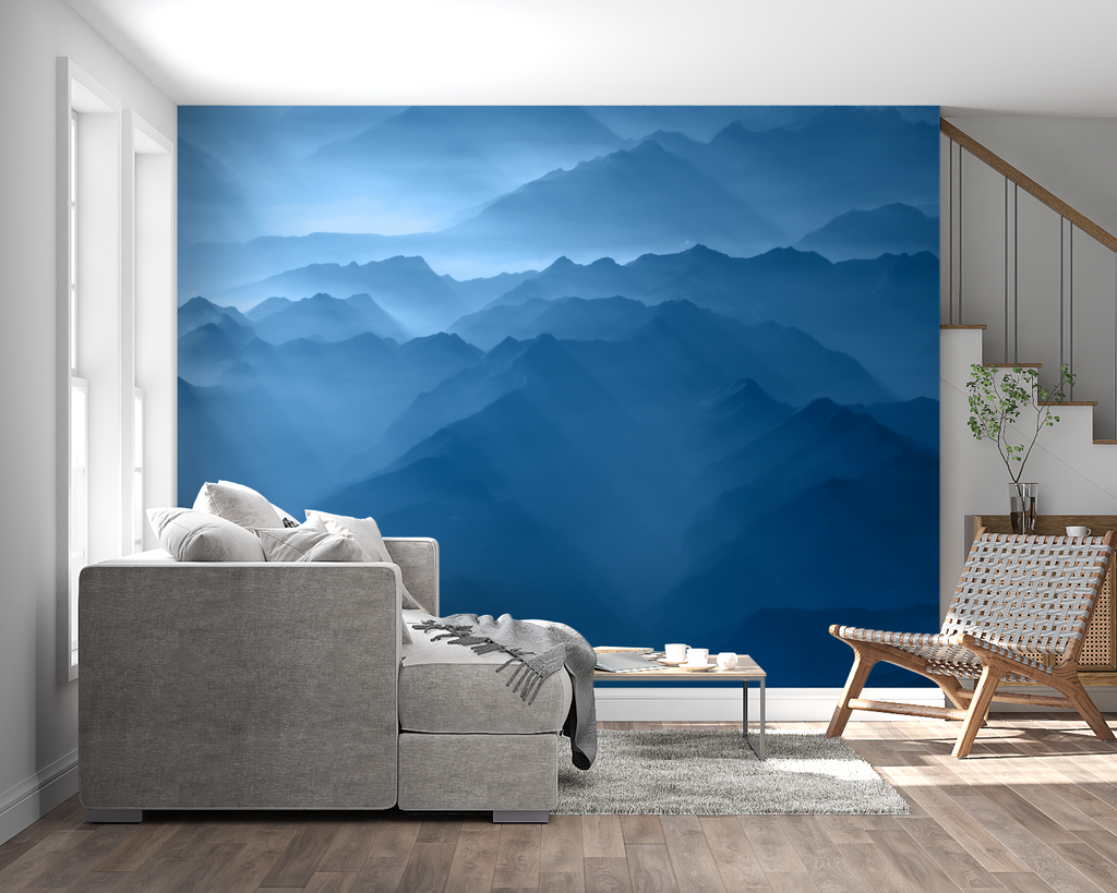 Misty mountain peaks wallpaper in dining room with modern lighting