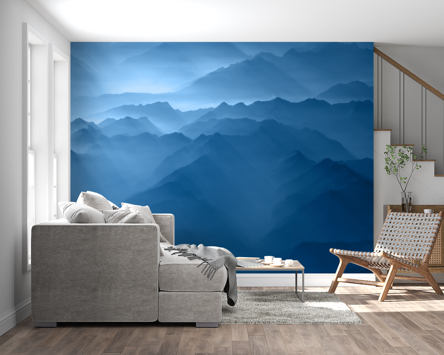 Misty mountain peaks wallpaper in dining room with modern lighting