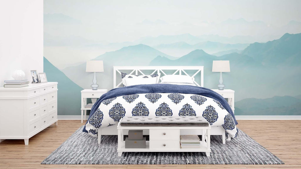Mountain peak wallpaper creating calm atmosphere in meditation room