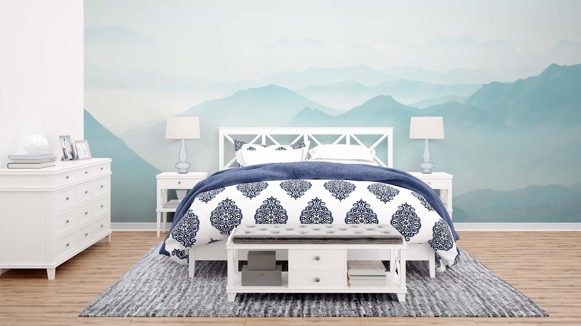 Mountain peak wallpaper creating calm atmosphere in meditation room