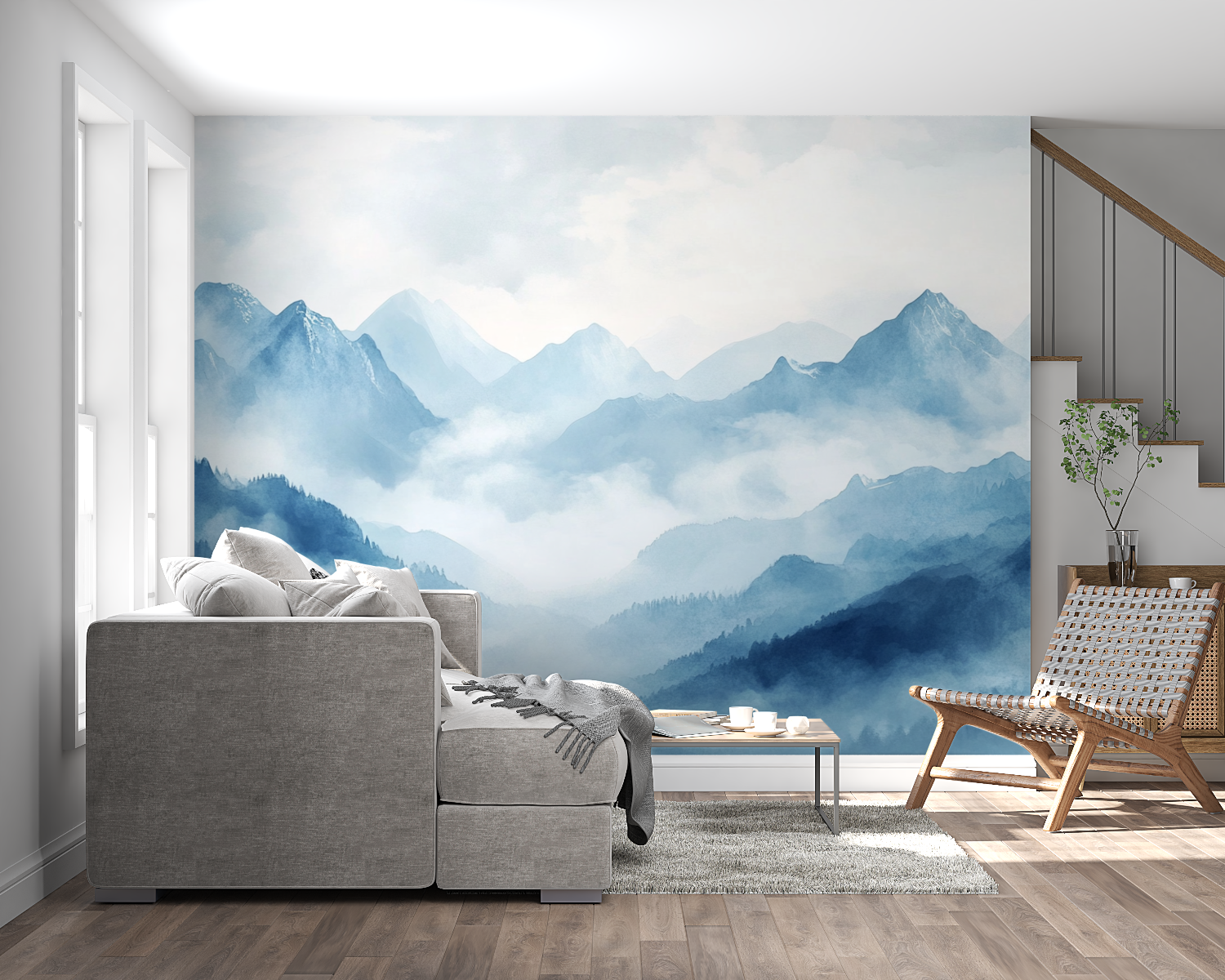 Mountain peaks mural creating focal point in meditation room