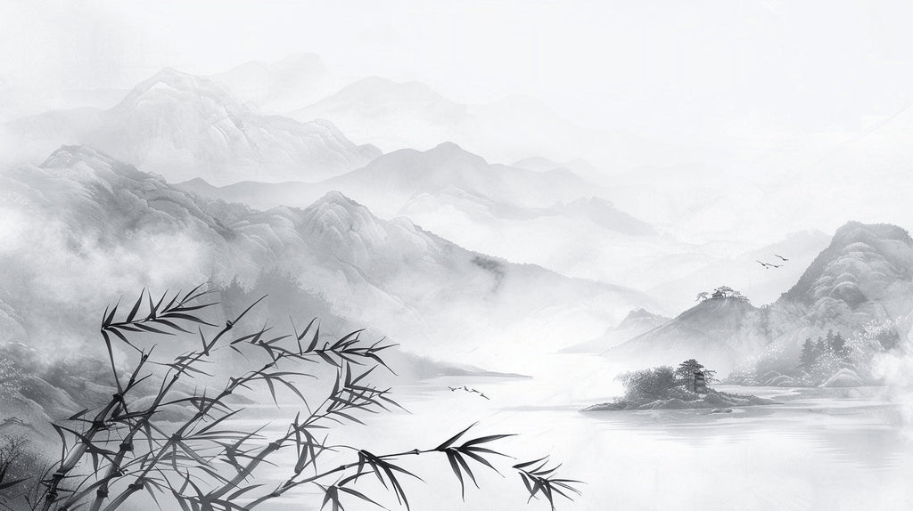 Design file showing detailed mountain landscape pattern with bamboo silhouettes and misty peaks