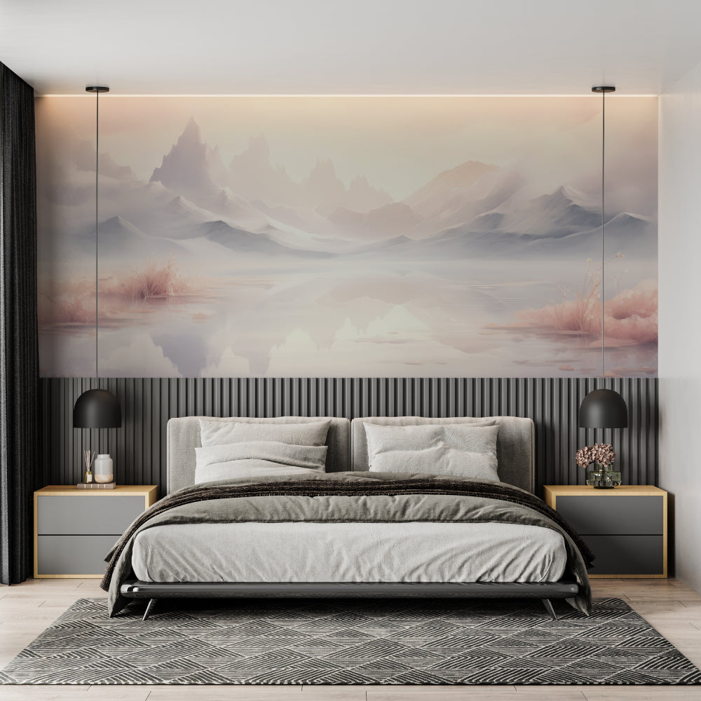 Mountain landscape wallpaper in modern living room setting, creating depth with misty peaks reflecting on lake