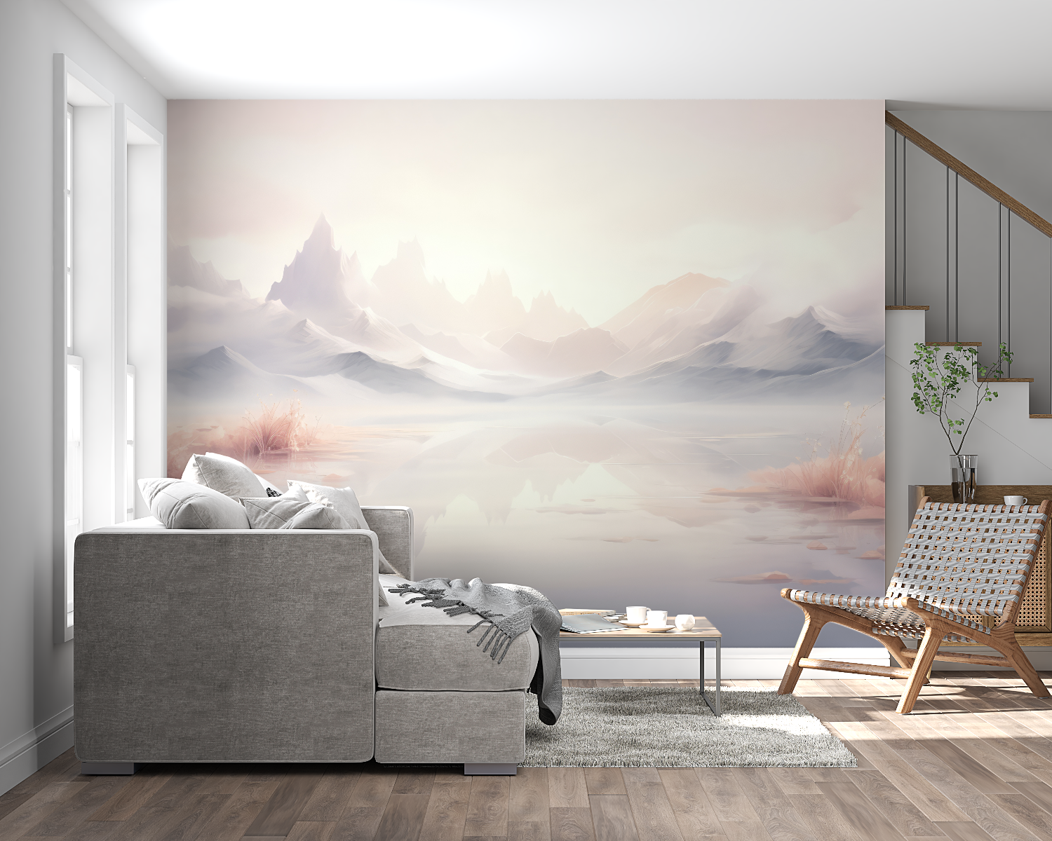 Serene mountain landscape wallpaper transforming home office with peaceful lake view