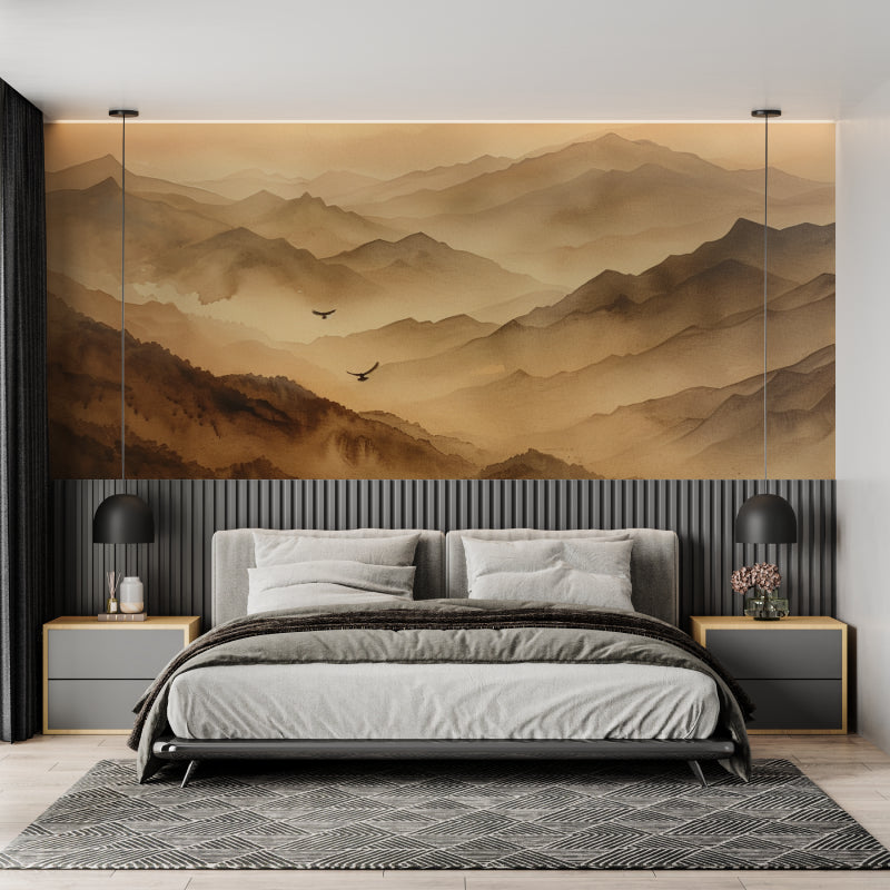 Mountain mural wallpaper creating depth in modern living room with terracotta accents