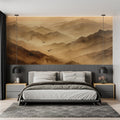 Mountain mural wallpaper creating depth in modern living room with terracotta accents