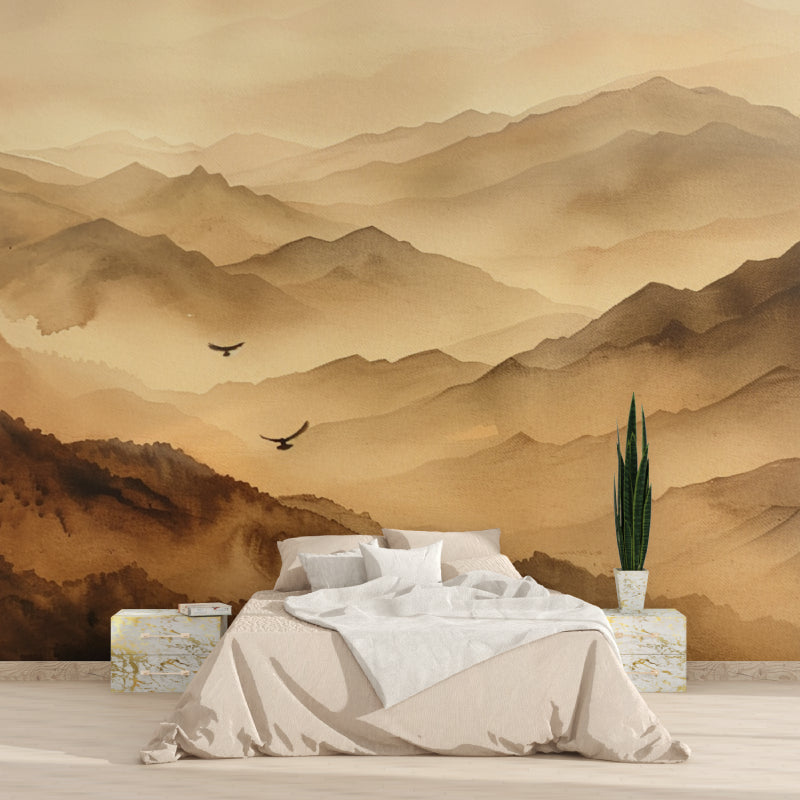 Home office with scenic mountain mural wallpaper showing misty peaks