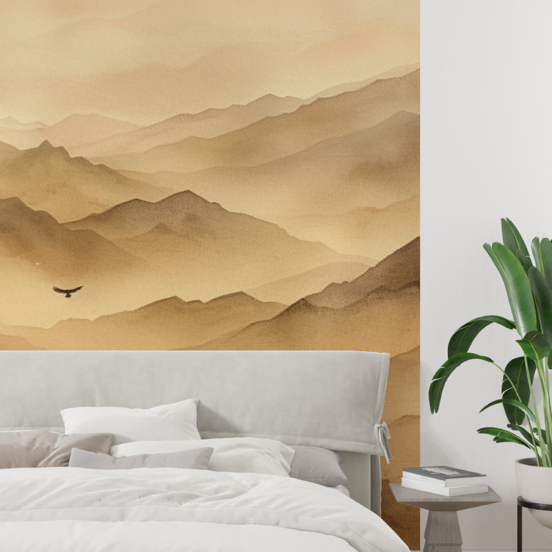 Dining room transformed with mountain peak wallpaper in warm earth tones