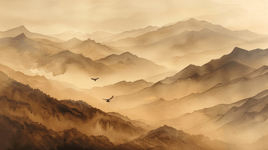 Mountain landscape design file showing terracotta peaks with atmospheric mist effect